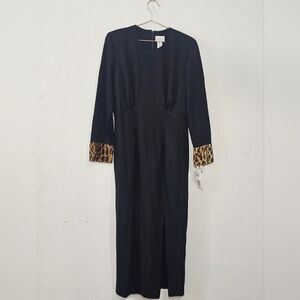 Elegant Black Dress with Leopard Print Cuffs